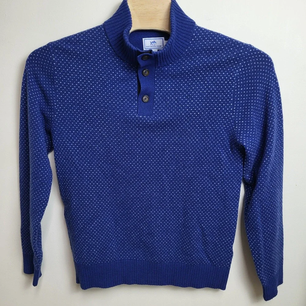 Southern Tide Mens Medium‎ Blue Button Mock Neck Pullover Knit Sweater Textured